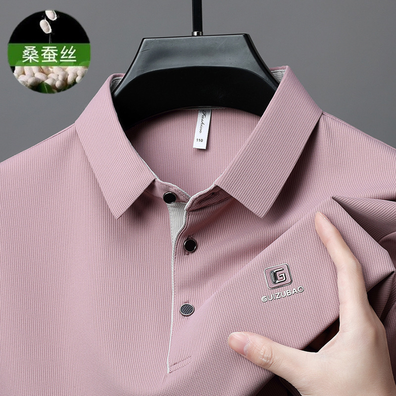 Brand Men's Mulberry Silk Men's Short-sleeved T-shirt 2025 Summer Lassel Casual Loose Thin Light Luxury Polo Shirt