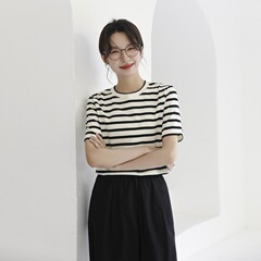 ストライプ Tシャツ右肩ピュアコットンニット半袖レディースラウンドネックルーズカジュアルヘビーカラー染め万能 Tシャツトップ