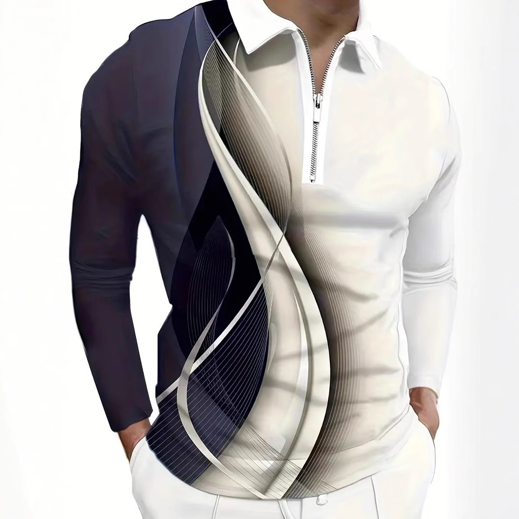 Amazon Independent Station Comercio exterior Nuevo casual Todo-fósforo geométrico solapa manga larga cremallera POLO camisa MB14