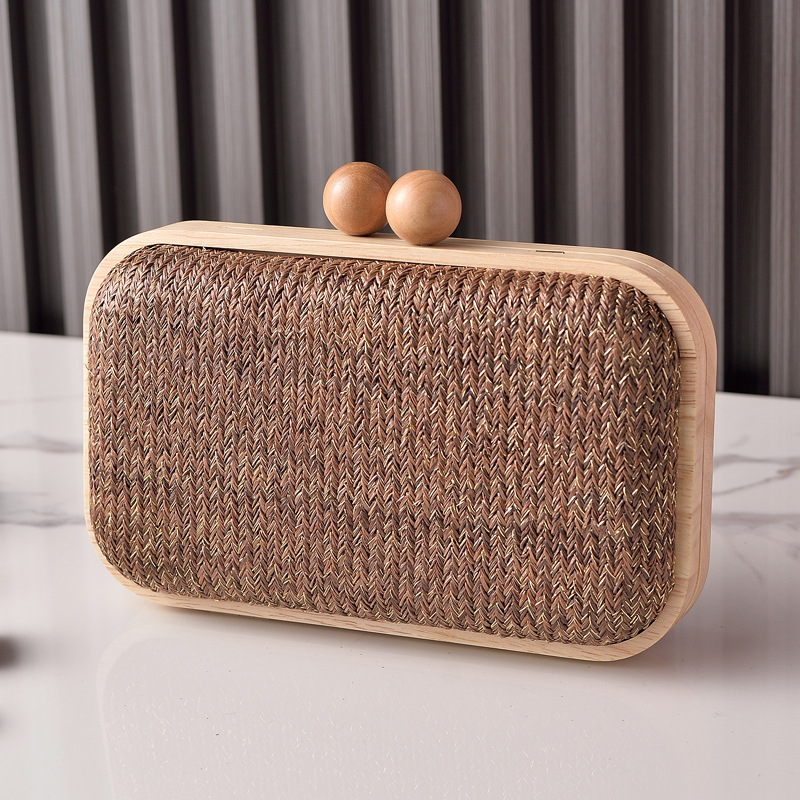 2025 más reciente venta de verano de madera sólida bolsa de cena de tela tejida bolsas de mano diarias simples ventas transfronterizas