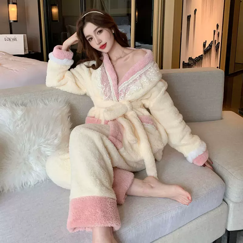 非лат Flannel зимняя теплая хлопковая демисезонная кораллово бархатная длинная пижама для принцесс, интернет-знаменитость, середина длины