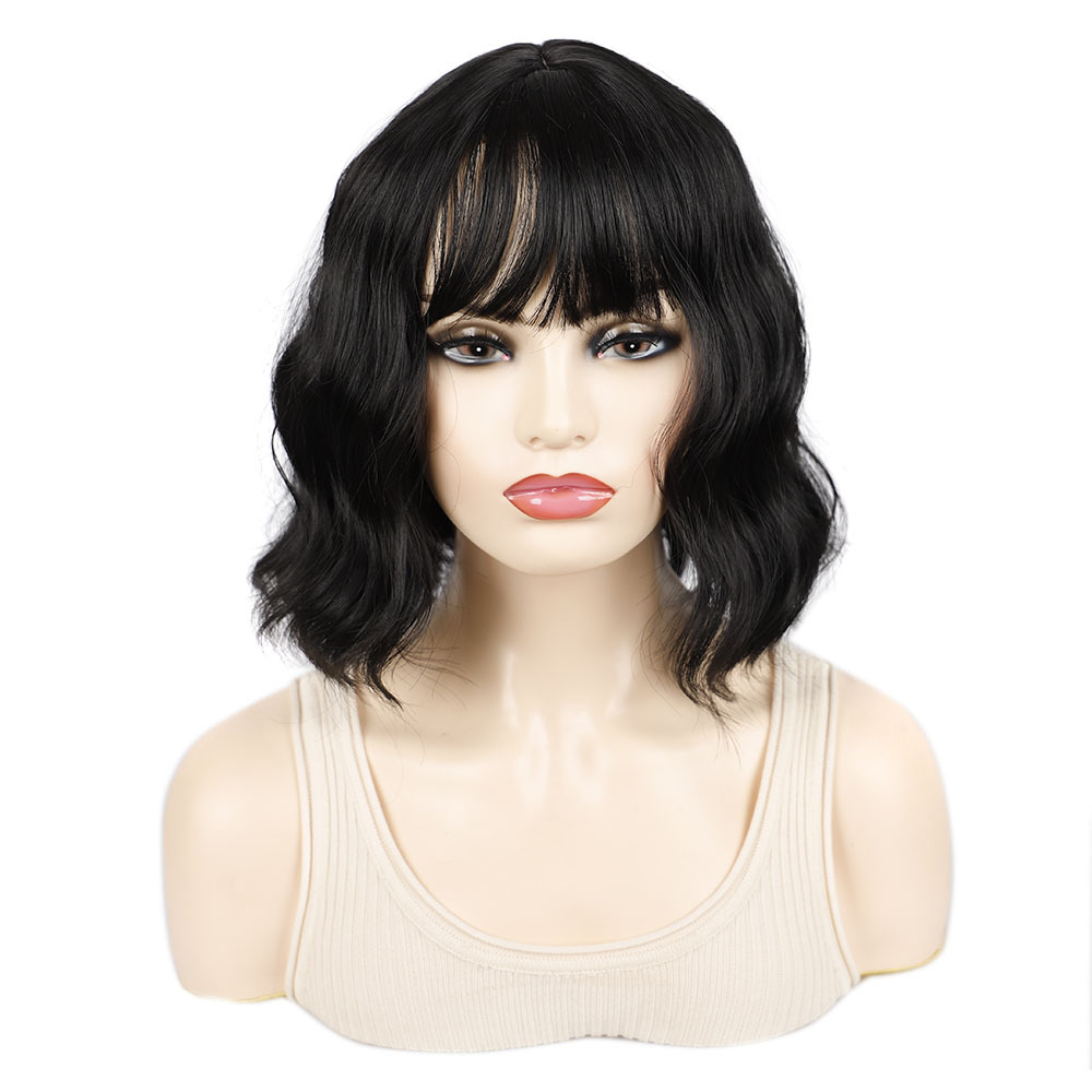 Perruque synthétique ondulée à l'eau, cheveux colorés de style quotidien, frange moelleuse et fine, bandeau en fibre synthétique, perruque courte bouclée_voghion.com