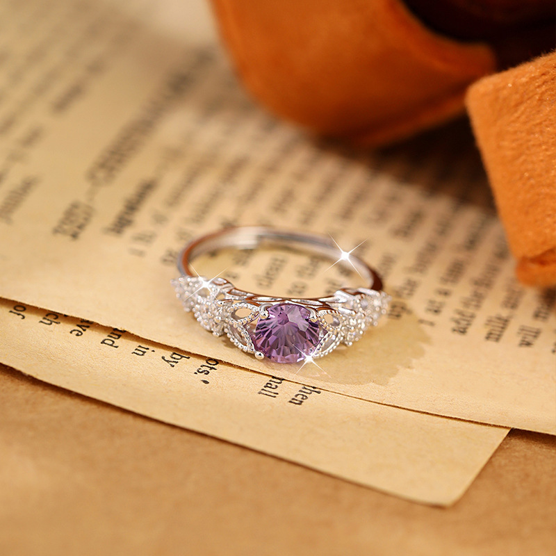 S925 Anillo abierto de amatista irregular de plata de ley Temperamento Todo fósforo Diseño de alta gama Accesorios de joyería de moda Mujeres