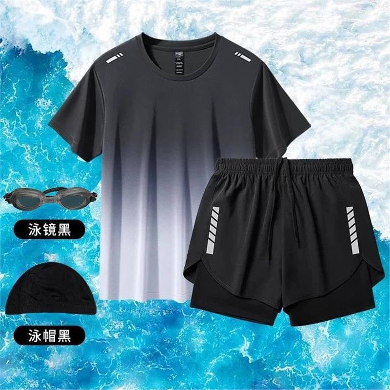 Anti-embarrassment swimsuit set for men, featuring quick-drying, breathable, and professional swimming gear, with a loose-fitting, sporty, and two-piece shorts design for summer