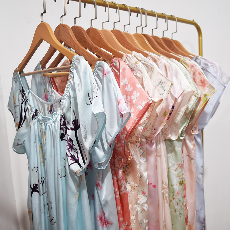 Silk Pajamas Women's Summer Short-sleeved 100 Mulberry Silk Nightgown Doll Dress Medium-large Size Loose Printed Silk Home Clothes