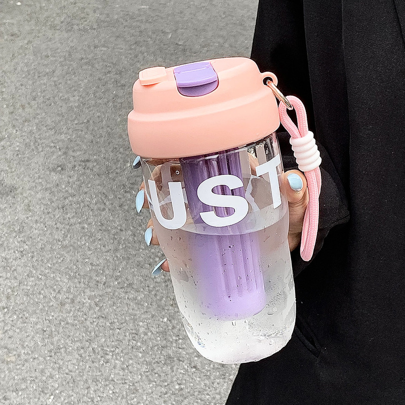 おしゃれな新しい高見えストローカップ、茶隔離、漏れ防止、持ち運び用ロープ付きプラスチックカップ、ポータブルダブルドリンクハンドルタンブラー|undefined
