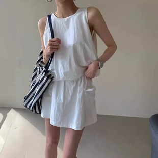 South Korea's Dongdaemun 2025 Summer New Korean Sleeveless Vest Top + Wide-Leg Shorts Skirt Fashion Casual Suit