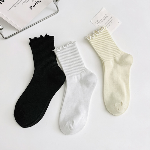 Women's Black and White Mushroom Edge Mid-Calf Socks, Thin, Comfortable, Breathable, Simple and Versatile, Wholesale