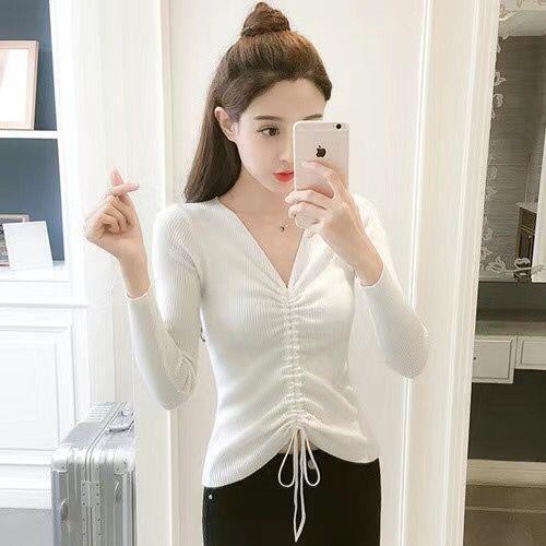 Autumn/Winter V-neck Korean Style Fitted Slimming Drawstring Long-sleeve T-shirt Women's Base Knit Top Hooded Sweater for Women