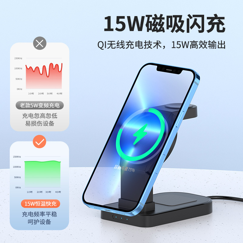 新しい折りたたみ式スリーインワンワイヤレス充電器携帯電話ワイヤレス高速充電スタンド時計ヘッドフォン充電器|undefined