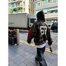 UNLG美式复古水洗迷彩刺绣连帽卫衣外套男秋冬季宽松休闲帽衫夹克