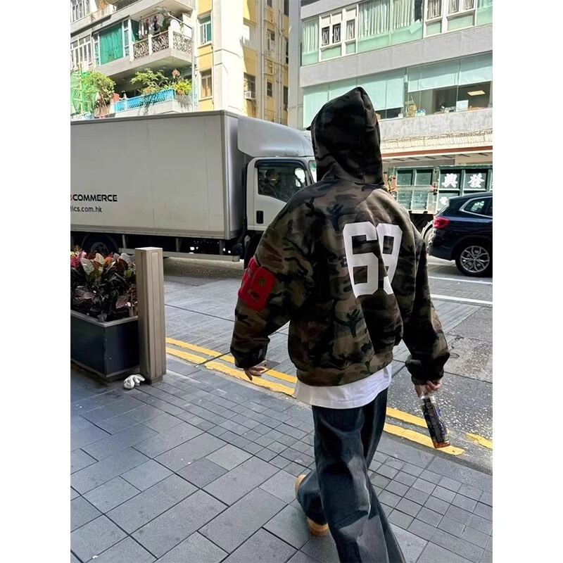 Unlg American Retro Washed Camouflage Embroidered Hooded Sweatshirt Jacket Men's Autumn and Winter Loose Casual Hoodie Jacket