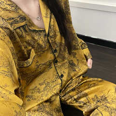 韩版高级设计感复古印花睡衣女秋季新款大码长袖长裤家居服套装