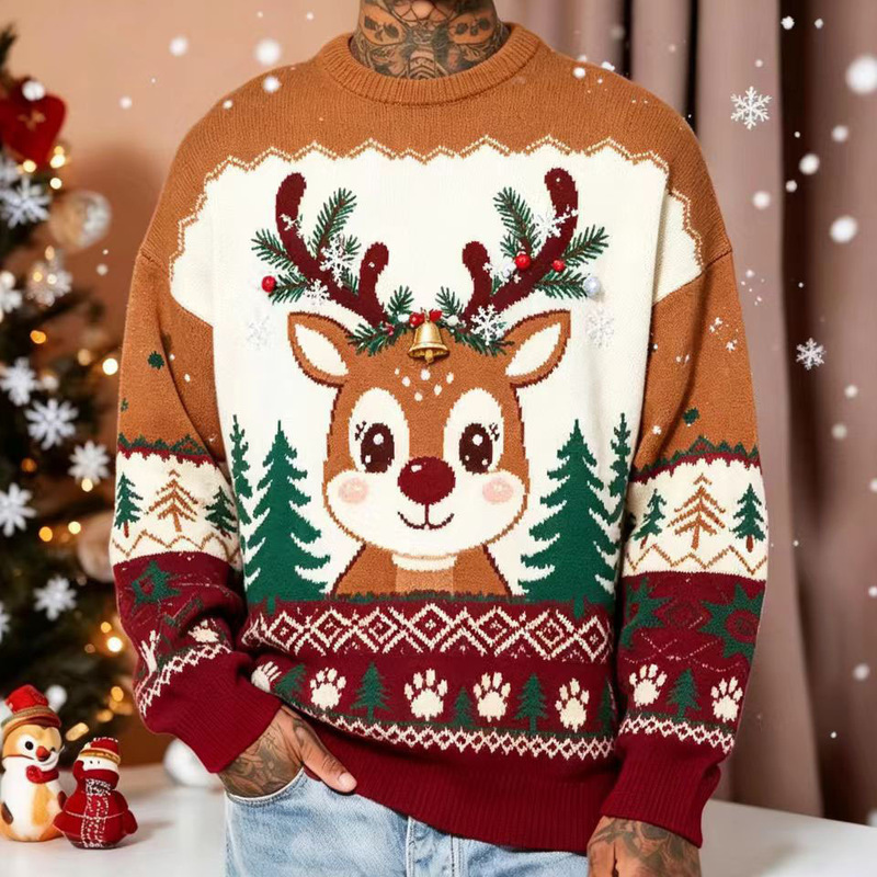 European and American Christmas Cartoon Print Round Neck Sweater Holiday Party Men's Loose Knitted Pullover Sweater European and American Christmas Cartoon Print Round Neck Sweater Holiday Party Men's Loose Knitted Pullover Sweater