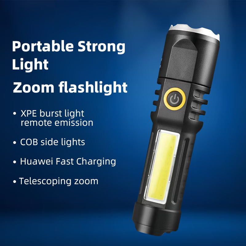跨境LED强光手电筒 侧灯COB伸缩变焦手电 户外便携多功能小手电筒