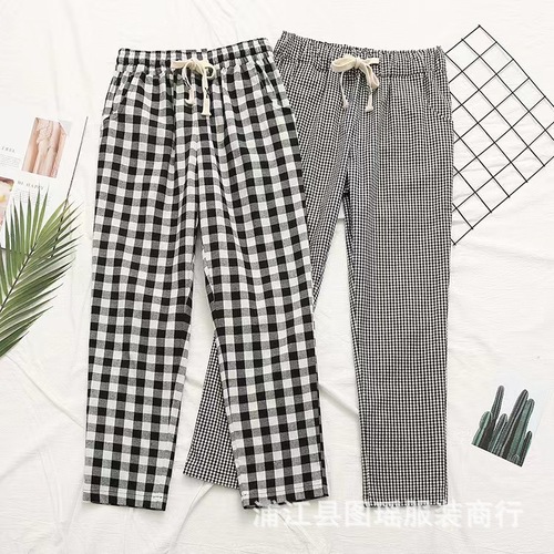 2025 Summer Thin Cotton Linen Pants for Women Middle-aged Loose Elastic Waist High Quality Large Size Straight Tube 9/10th Checkered Pants 