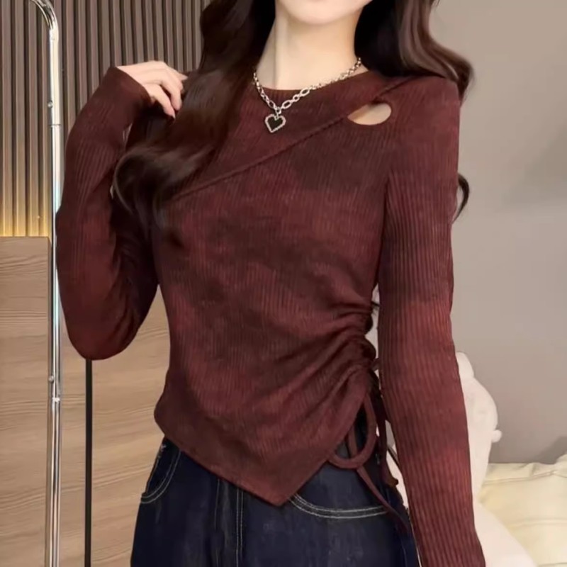 设计感小镂空扎染长袖针织衫女秋季大码胖mm修身显瘦洋气打底上衣|undefined