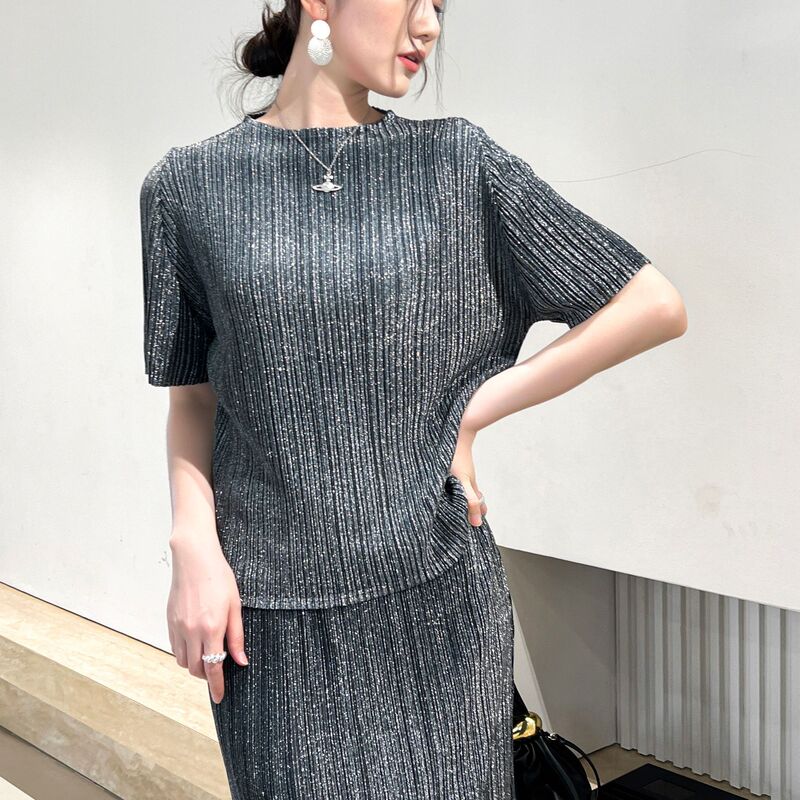 Counter Quality 2025 Summer Miyake High-end Pleated High-end Flash Fabric Casual Fashion T-shirt overskirt suit