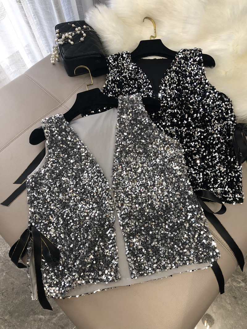 Otoño e Invierno nuevo bingbing brillante lentejuelas chaleco suelto encaje-up corto versátil camisa cardigan top