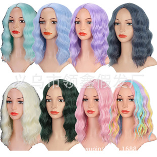Amazon New Wig European and American Women's Wavy Curly Hair Cyber Red Air Bangs Pink Water Ripple Short Curly Hair