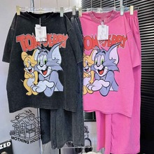 东南亚猫和老鼠时尚套装女夏季新款宽松短袖阔腿裤大码两件套女装