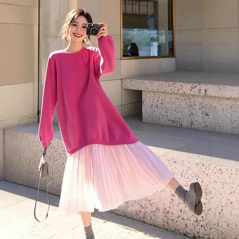 Rose Red Patchwork Sweatshirt Dress 2026 New Model, High-End French Style, Elegant and Slimming Long Dress