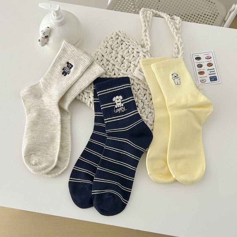 Calcetines con bordado de perro, estilo japonés, rayas divertidas, cómodos para primavera y otoño.