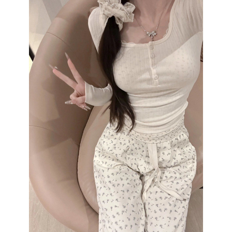 温柔初恋套装女早秋甜系碎花拼接假两件上衣小个子系带碎花阔腿裤|undefined