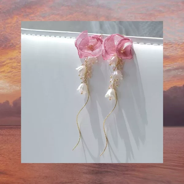 Exaggerated Rose-Red Silk Flower Earrings for Women, Lily of the Valley Tassel, Super Fairy-Like Long Style, Sweet and Cute Earrings, Ear Studs, Ear Clips