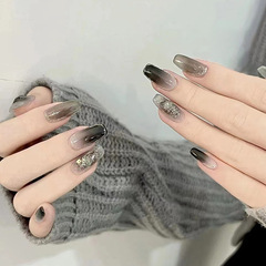 Sweet and Cool Mature Sister Style Wearing Nail Sticker Black Sparkling Gradient Medium-Long Length Removable False Nail Sheet Wholesale