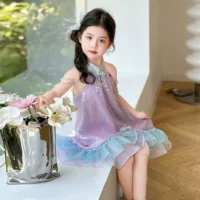 Новое платье династии Хань в китайском стиле для девочек, платье Cheongsam без рукавов с пайетками и пуговицами в китайском стиле для выступления на Дне защиты детей