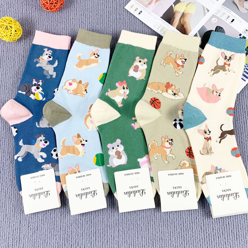 New Original Cartoon Animal Pattern Socks Featuring Hamsters, Schnauzers, Corgis, and Shiba Inus from Dongdaemun