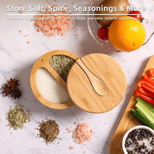 Bamboo salt edge box solid wood pepper box with rotating lid salt dispenser white sugar storage box kitchen spice storage box