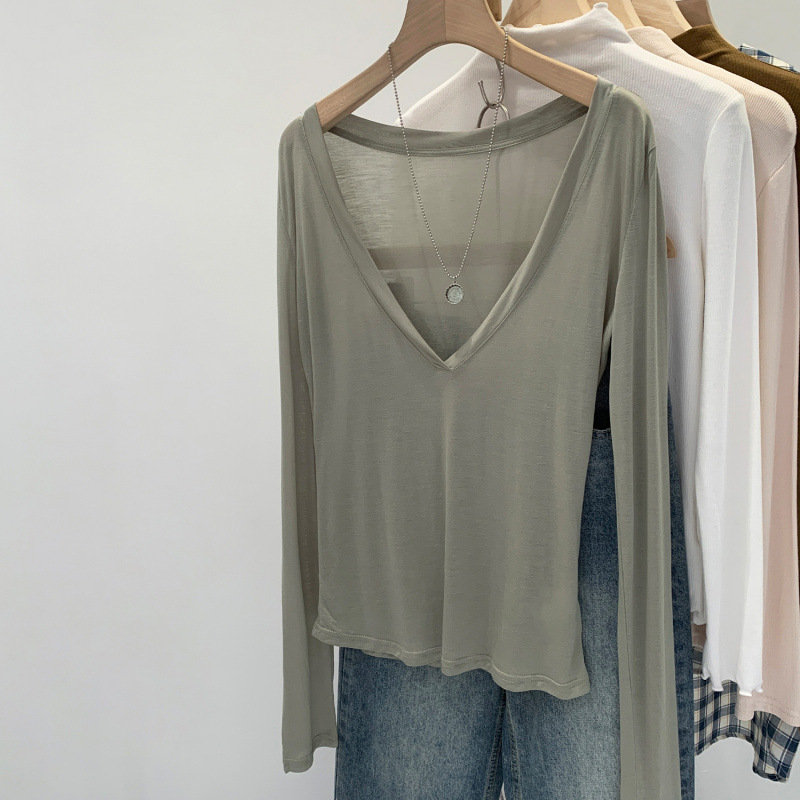 Summer Ootd Lyocell Tencel Thin V Neck Long-Sleeved Sun Protection Blouse for Women 2025 Summer New Bottoming Shirt T-Shirt Summer Ootd Lyocell Tencel Thin V Neck Long-Sleeved Sun Protection Blouse for Women 2025 Summer New Bottoming Shirt T-Shirt