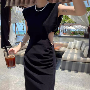 Vintage Cary Black Vest Women's Summer New Elegant dress Waist Hollow Side Swing Long Skirt