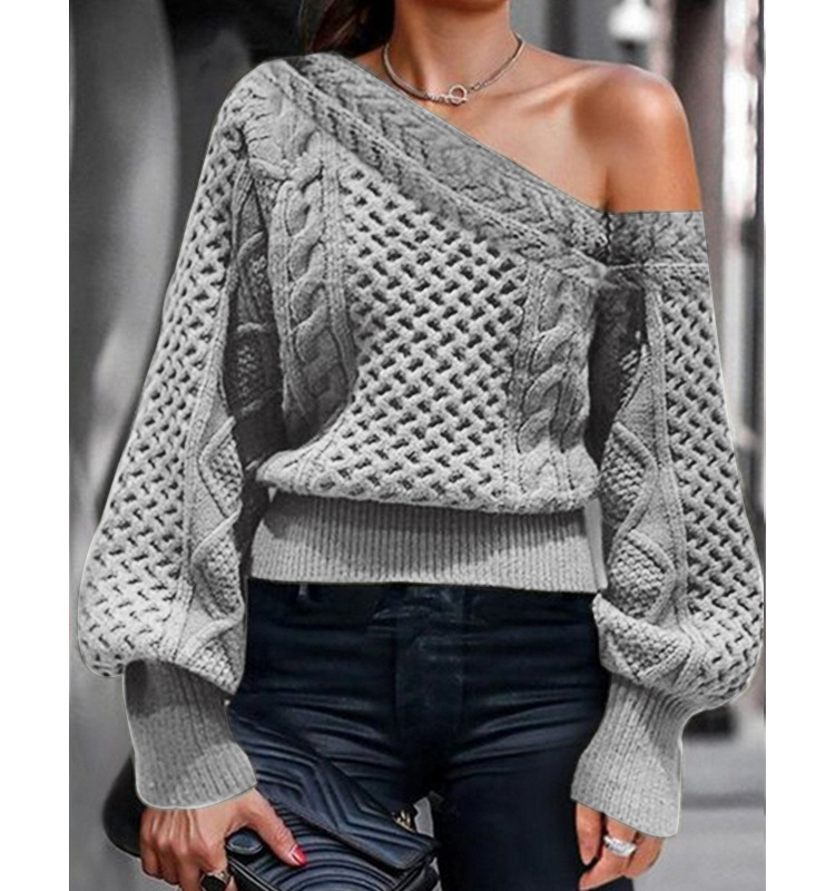 Sexy Oblique Shoulder off-Shoulder Loose Knitted Solid Color Lantern Sleeve Pullover - Sweaters - Uniqistic.com