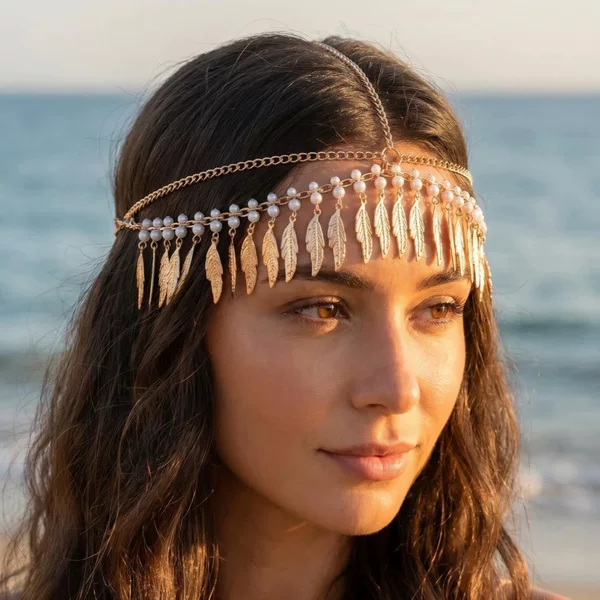 Cross-Border New Style Headwear, European and American Fashion, Simple Gold Leaf Tassel Head Chain, Women's Travel and Vacation Head Decoration