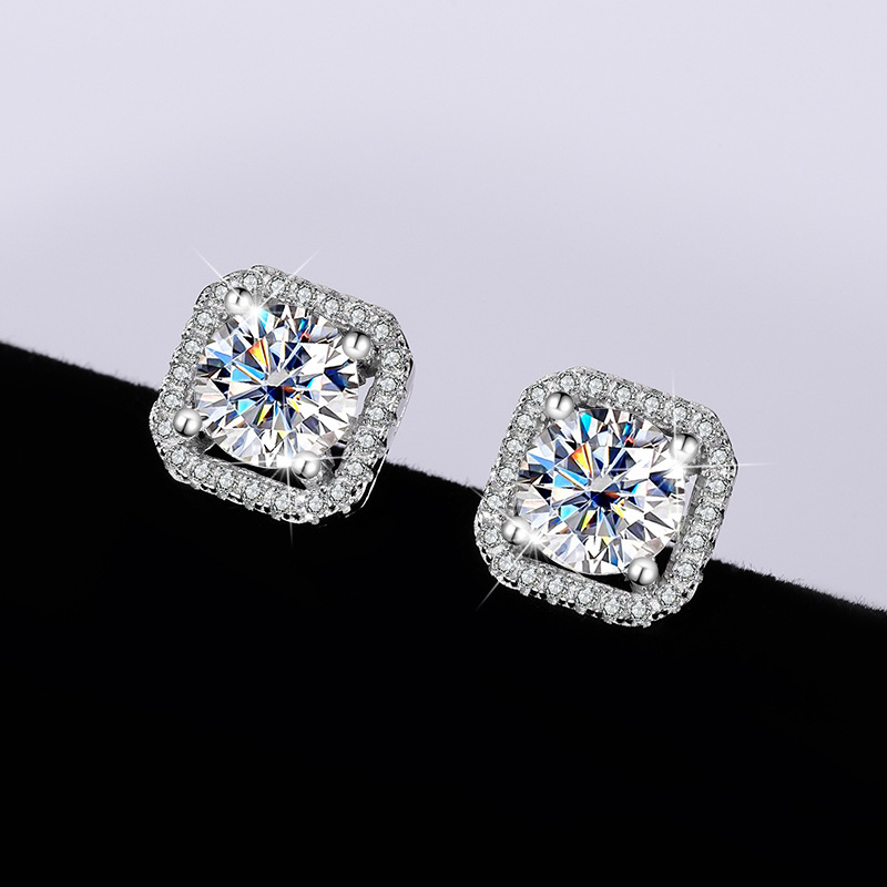 S925 plata esterlina bienes genuinos diamante cuadrado bolsa Stud pendientes temperamento femenino simple moissanite regalo joyería del oído suministro en vivo
