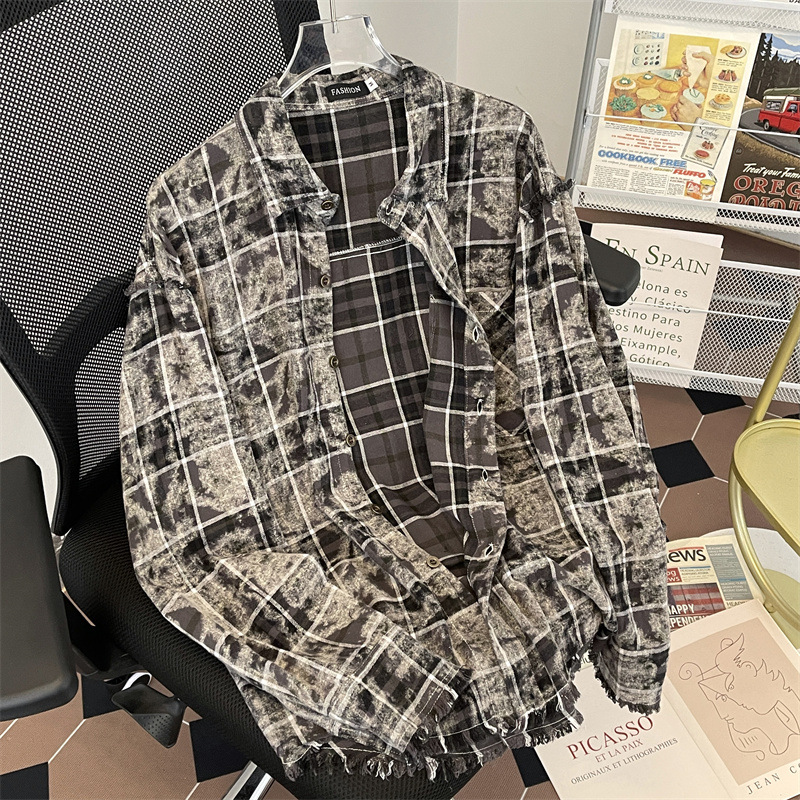 2024 New plaid distressed ruffled shirt jacket embroidered hem damaged high street spring and autumn loose top_voghion.com