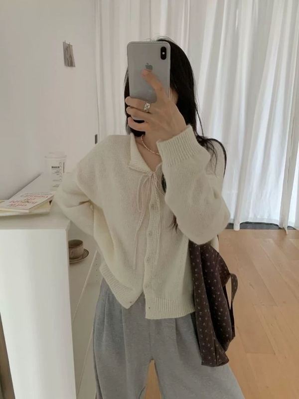 韩系系带蕾丝翻领毛衣小外套女秋冬新款纯色百搭软糯针织开衫毛衣|undefined