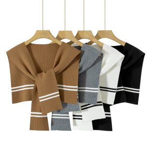 Core-spun Yarn Spring and Autumn Striped Knitted Shawl Women's Cross Knot Outer Ware Summer Air-conditioned Room Warm Shoulder Tide