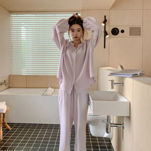 法式慵懒风圆领开衫舒适棉纱秋冬长袖长裤宽松家居服女士套装