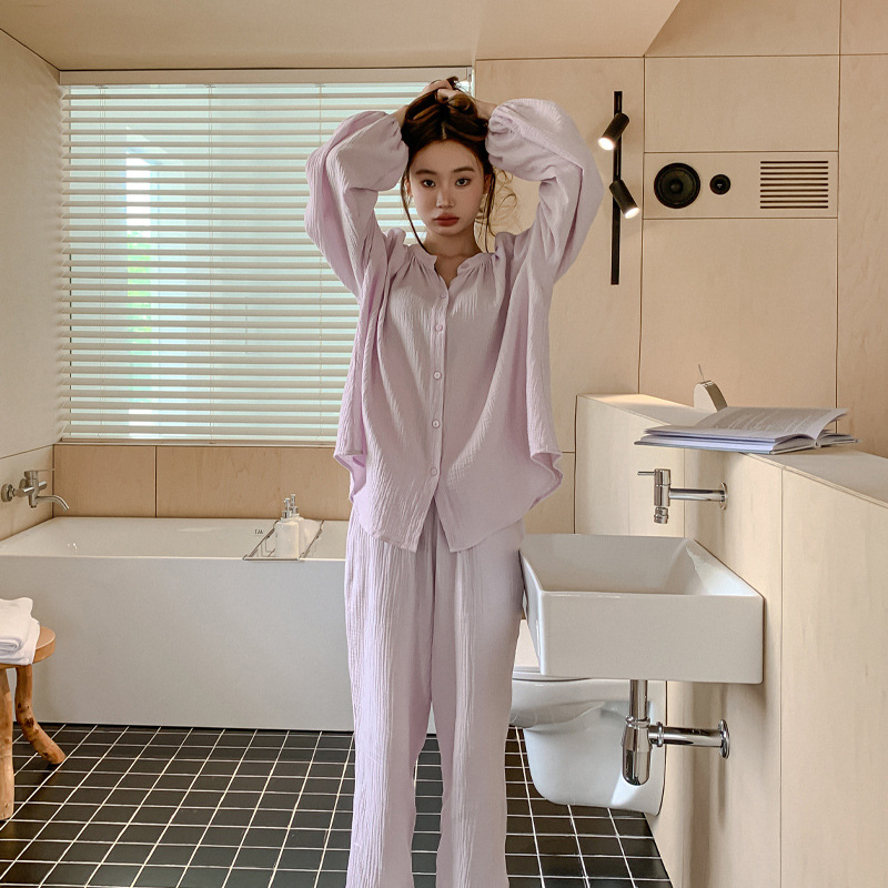 法式慵懒风圆领开衫舒适棉纱秋冬长袖长裤宽松家居服女士套装