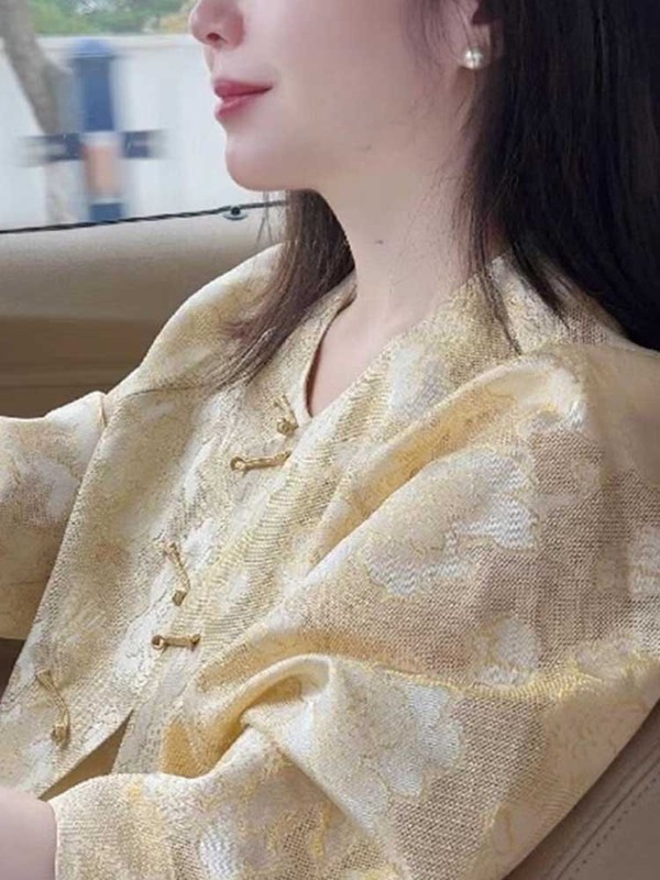 新中式国风黄色提花衬衫早秋女2025新款超火高级感巨好看气质上衣|undefined