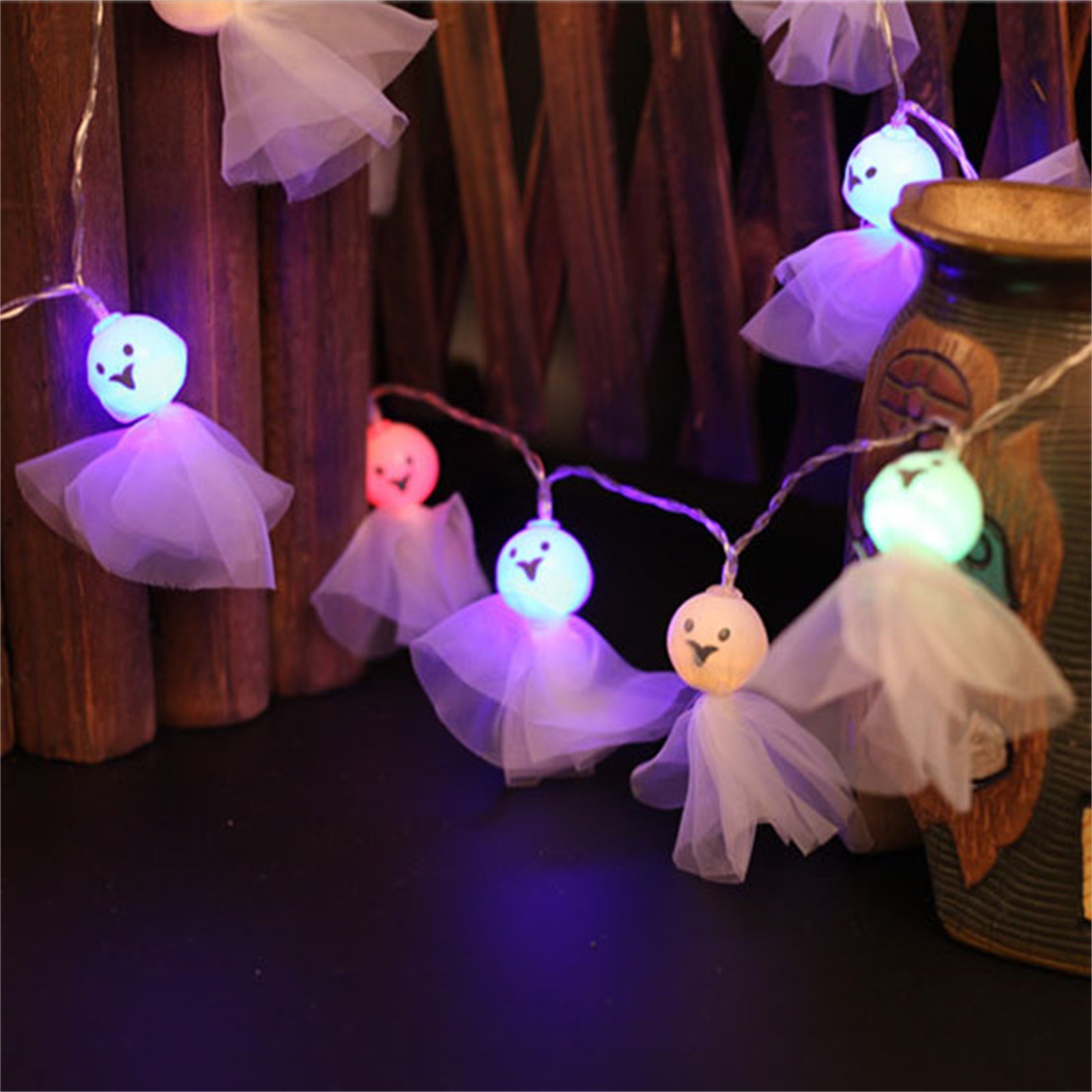 Cross-border LED string lights, fabric ghost Halloween lights, festive room decorations, spooky atmosphere decorations, small colored lights