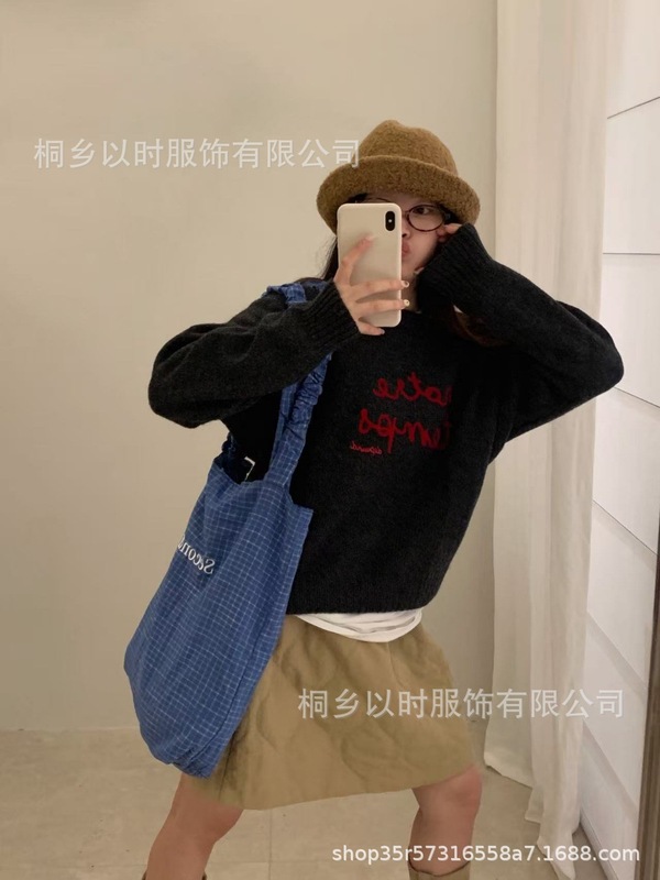 以时 25秋冬季新款韩系少女风刺绣字母毛衣百搭圆领羊毛针织衫 女|undefined