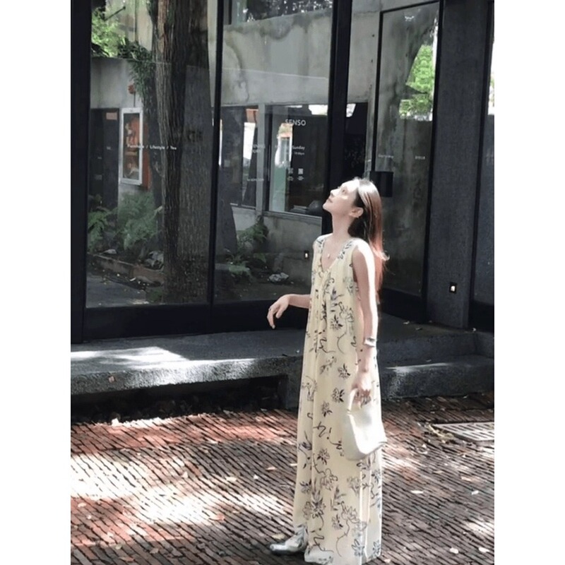 【宋祖儿同款】度假风女装水墨画无袖背心连衣裙气质长裙|undefined