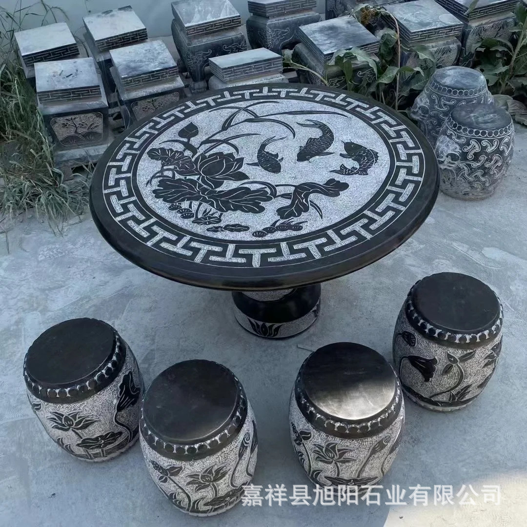 厂家石材石桌子青石圆桌方桌石凳别墅庭院公园户外石材桌椅