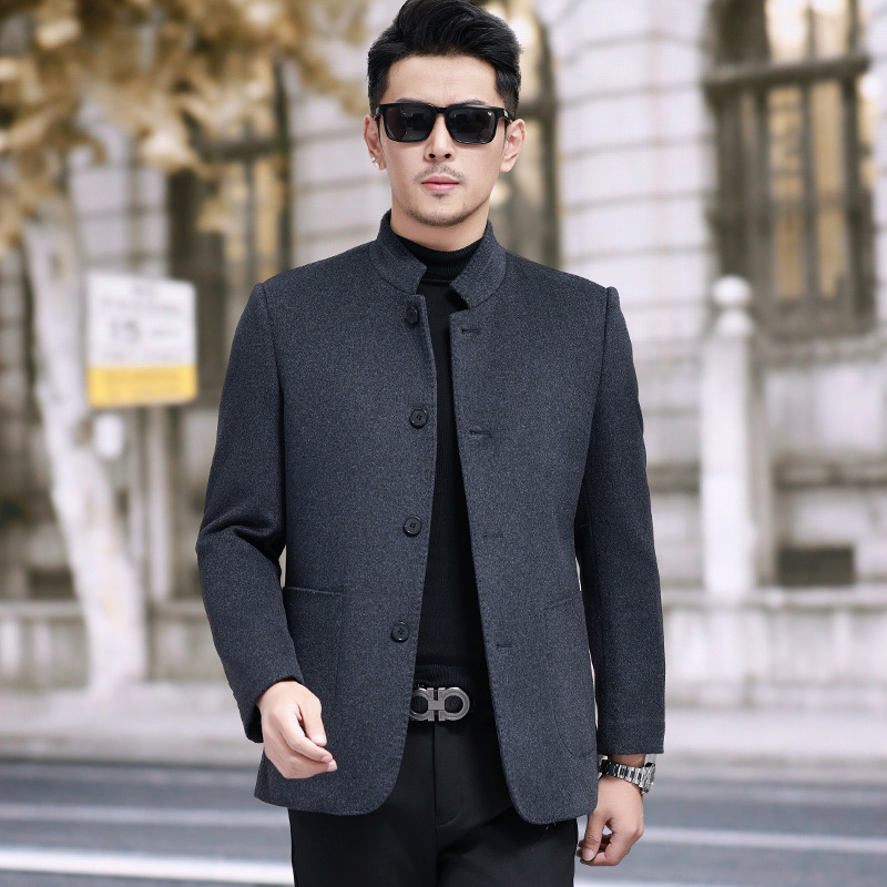 하이 엔드 캐시미어 코트 남자 수직 칼라 멀 베리 실크 튜닉 거위 라이너 두꺼운 따뜻한 울 코트 겨울