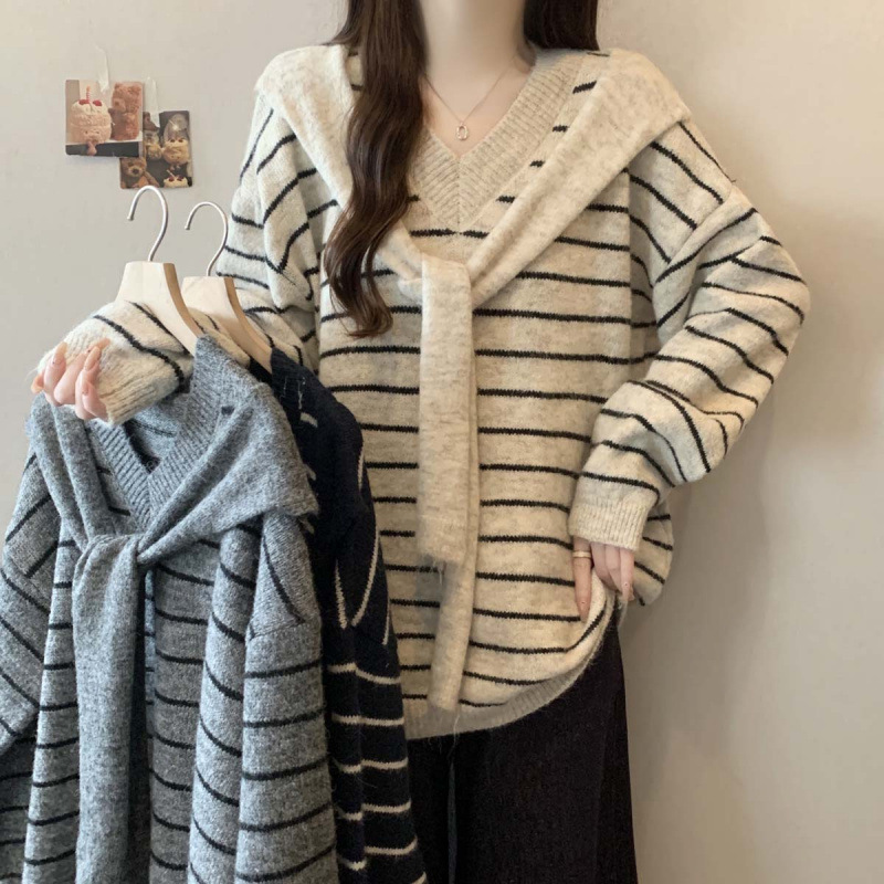 2025 Autumn and Winter New Fake Two-Piece Stripesd Outer Knitwear Tops for Women, Lazy Style Loose Outer Knitwear for Women